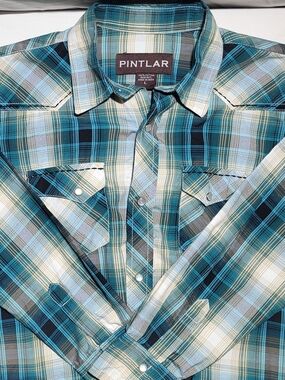 Pintlar Boys Teal Plaid Western Shirt with Pearl Snap Buttons